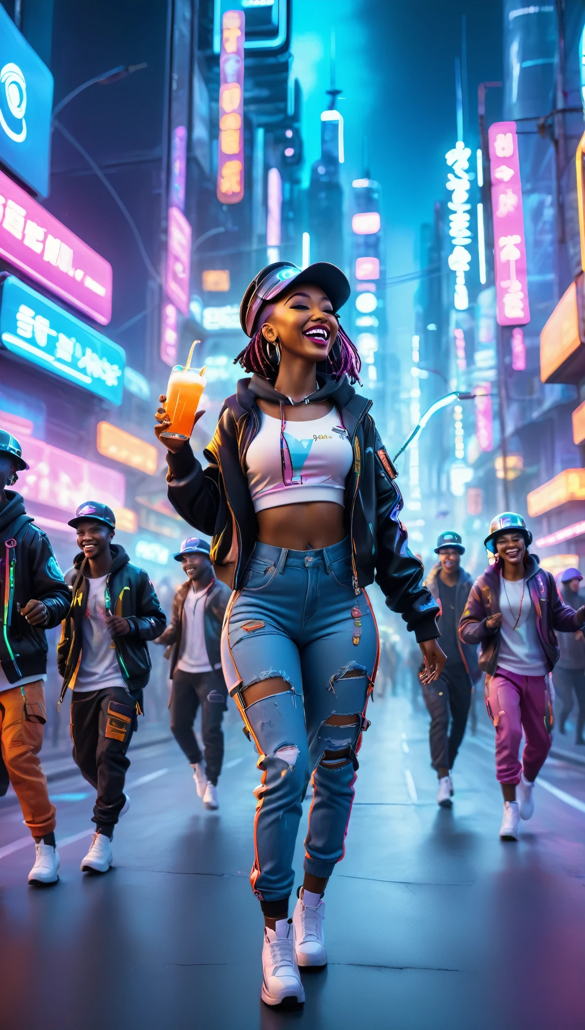 BLACK people dressed in urban clothes, 1 hood, Futuristic hat with visor, In a high-tech cityscape with neon lights and holographic signs、HAPPY DANCING on the road. are drinking and laughing, The background is modern and cyberpunk, high tech vibe. Lovely Digital Painting, 3D rendering, Bright lighting, swirly vibrant colors.