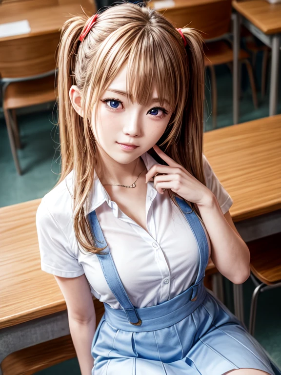 （8K, Highest quality, Pieces fly:1.2)、Ultra-high resolution、anime,1 very pretty girl,Asuka Langley,Highly detailed face, Fine grain,blue eyes,,White sailor collar plain short sleeve shirt,Light blue skirt,Light Blue Suspenders,uniform_Red ribbon,Orange Hair,Long Hair、Detailed hand and fingers,put your hands in your hair,Grin、sitting on desk,Shooting from above,classroom