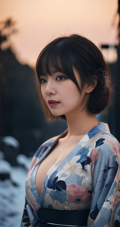 (A chubby detailed woman in a Navy-blue kimono dress, bob_hair_side_bangs, fair skin, dark lips, walking in a snowy night, dark background, dawn sunset, extremely detailed skin, extremely detailed eyes, ample_round_bosom, Intellectual_charisma, depth of field, 8k, dslr, dim lighting, warm_focus_light, high quality, film grain, low_angle_shot, the_cowboy_shot)