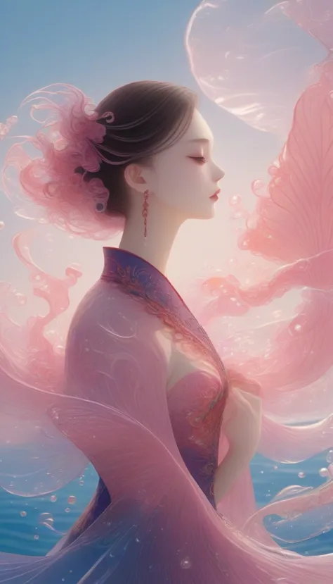 1 girl, solitary, under the deep sea, beautiful inner glow；wearing pink chinese clothing，fairy the same，underwater dance；dancer；...