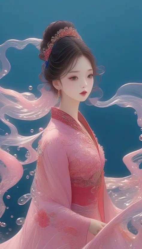 1 girl, solitary, under the deep sea, beautiful inner glow；wearing pink chinese clothing，fairy the same，underwater dance；dancer；...