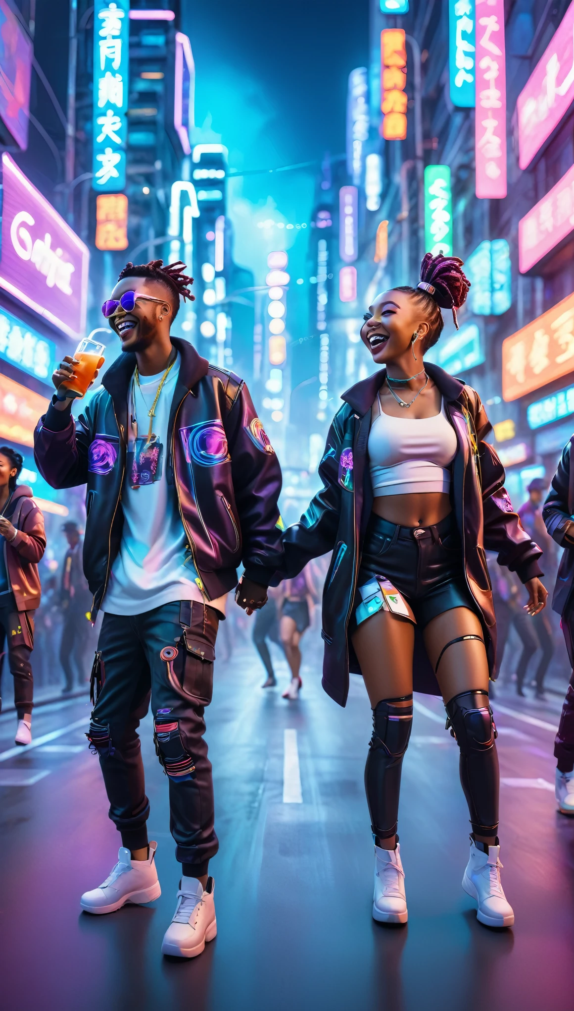 BLACK people dressed in urban clothes, In a high-tech cityscape with neon lights and holographic signs、HAPPY DANCING on the road. are drinking and laughing, The background is modern and cyberpunk, high tech vibe. Lovely Digital Painting, 3D rendering, Bright lighting, swirly vibrant colors.