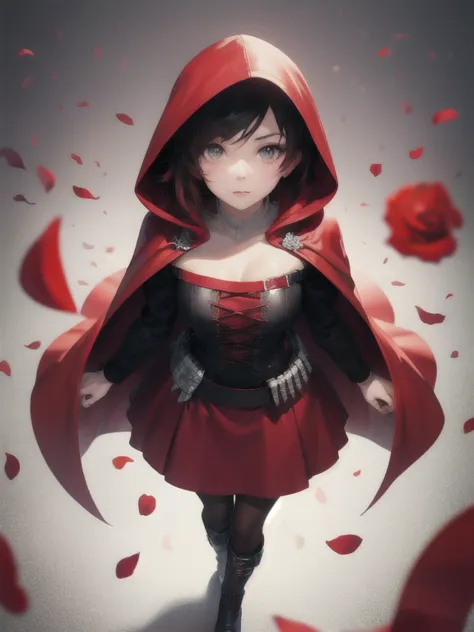 (masterpiece, best quality), 1girl,    ruby_rose, cape, dress, red cape, crescent rose, boots, pantyhose, hood, petals, corset