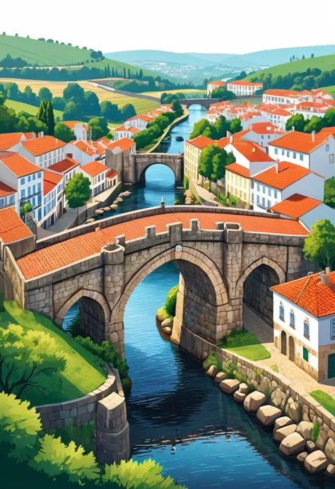 flat illustration of the medieval bridge of barcelos, portugal. highly detailed cleanliness, imagem vectorial, photorealistic ma...