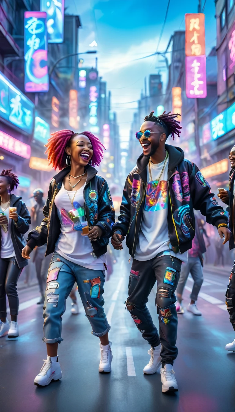 adult BLACK people dressed in urban clothes, In an urban landscape and holographic signs、HAPPY DANCING on the road. are drinking and laughing, The background is modern and cyberpunk, high tech vibe. Lovely Digital Painting, 3D rendering, Bright lighting, swirly vibrant colors. adult people.