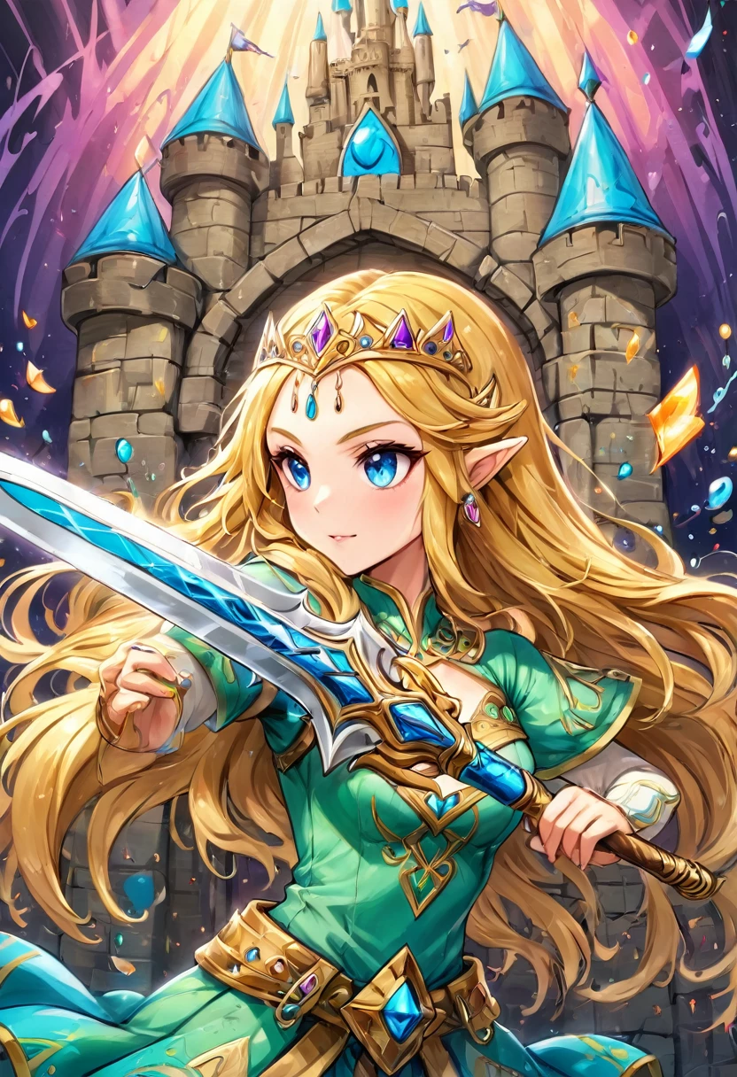 a graffiti painting art on the wall of the castle of  Princess Zelda on the wall of a castle, Princess Zelda (intense details, Masterpiece, best quality: 1.5), ultra detailed face, ultra feminine, fair skin, exquisite beauty, gold hair, long hair, wavy hair, small pointed ears, dynamic eyes color, wearing heavy green and white armor, shinning metal, armed with elven sword, ais-graffiti, chumbasket art style, graffiti art
