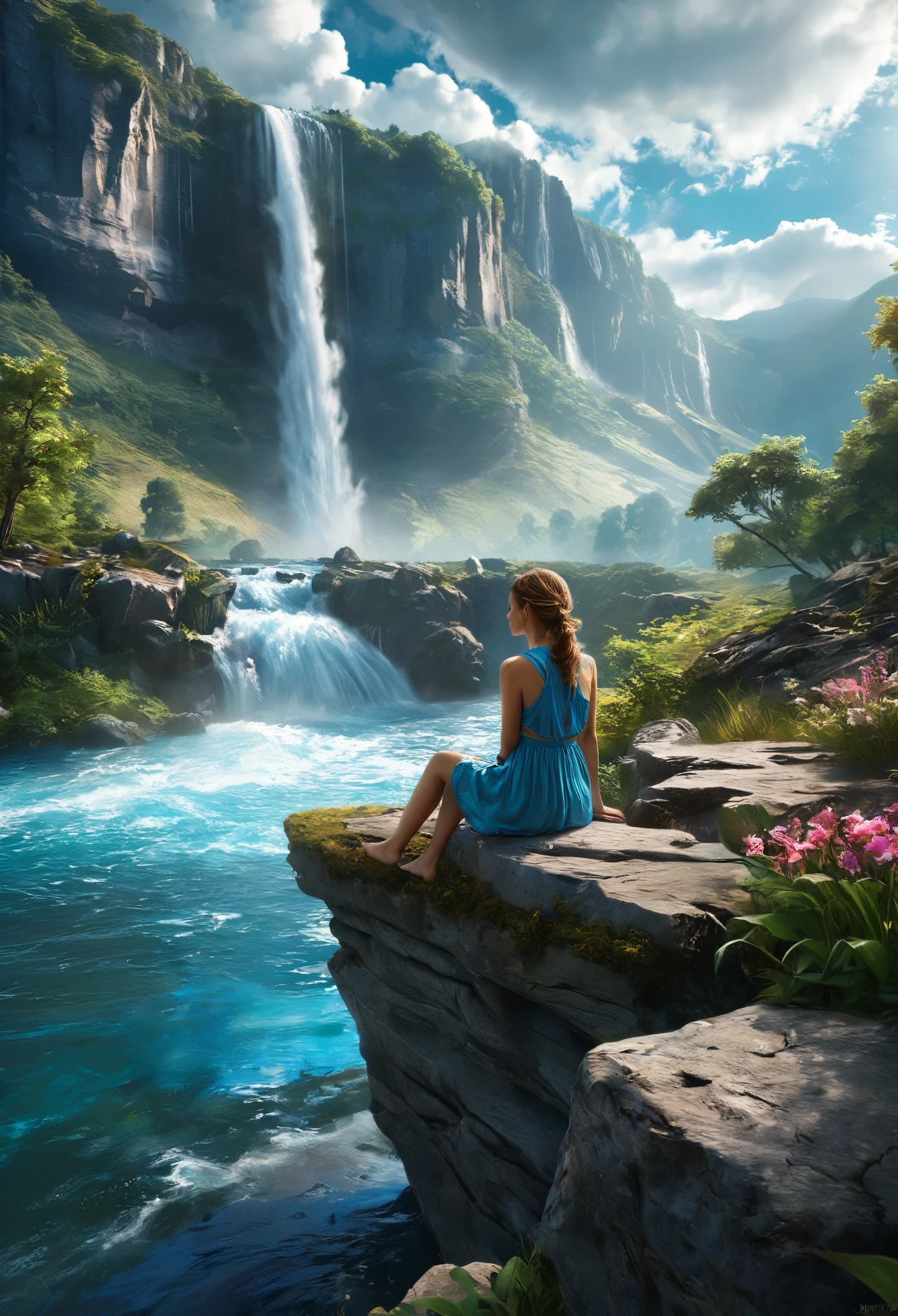 masterpiece, the highest quality, high quality, Very detailedな CG unity 8k wallpaper, landscape, Outdoor, null, cloud, null, a Lonely beautiful Girl, Mountain, landscape, water, wood, blue null, waterfall, cliff, nature, lake, river , cloudy skies, Award-winning photography, Bokeh, Depth of written boundary, High resolution, bloom, chromatic aberration, Photorealism, Very detailed, Trending on Art Station, Trending on CGSociety, Complex, High detail, dramatic, Art on the road