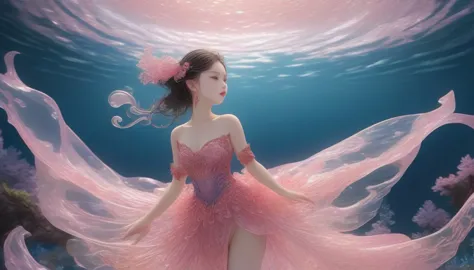 1 girl, solitary, under the deep sea, beautiful inner glow；wearing pink chinese clothing，fairy the same，underwater dance；dancer；...