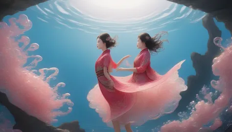 1 girl, solitary, under the deep sea, beautiful inner glow；wearing pink chinese clothing，fairy the same，underwater dance；dancer；...