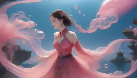 1 girl, solitary, under the deep sea, beautiful inner glow；wearing pink chinese clothing，fairy the same，underwater dance；dancer；...