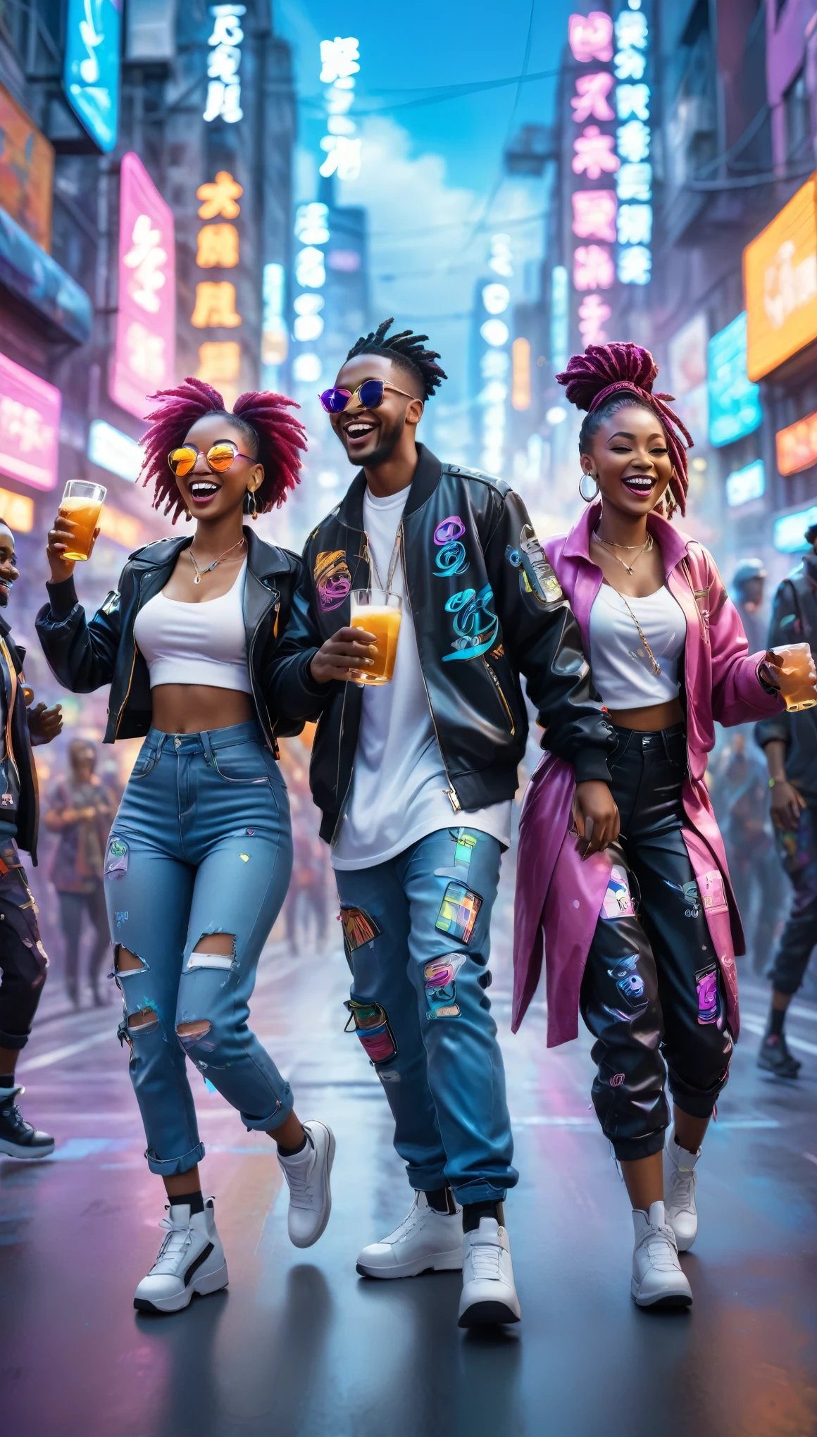 adult BLACK people dressed in urban clothes, In an urban landscape and holographic signs、HAPPY DANCING on the road. are drinking and laughing, The background is modern and cyberpunk, high tech vibe. Lovely Digital Painting, 3D rendering, Bright lighting, swirly vibrant colors. adult people, BEAUTIFUL black people