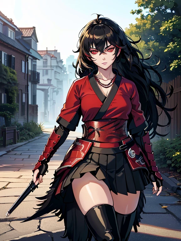 Anime, Girl, (((1girl))), (((Waifu, Raven Branwen, Raven Branwen Waifu))), (((Black Hair, Messy Hair))), ((Crimson Red Eyes eyes: 1.3, Upturned Eyes: 1, Perfect Eyes, Beautiful Detailed Eyes, Gradient eyes: 1, Finely Detailed Beautiful Eyes: 1, Symmetrical Eyes: 1, Big Highlight On Eyes: 1.2)), (((Lustrous Skin: 1.5, Bright Skin: 1.5, Skin Fair, Shiny Skin, Very Shiny Skin, Shiny Body, Plastic Glitter Skin, Exaggerated Shiny Skin, Illuminated Skin))), (Detailed Body, (Detailed Face)), Young, Lolita, (Best Quality), (((Bicep-high Gauntlets, Armored Boots, Thigh-high Heeled Boots, Armored Gauntlets))), (((Battle Kimono))), (((Skirt))), High Resolution, Sharp Focus, Ultra Detailed, Extremely Detailed, Extremely High Quality Artwork, (Realistic, Photorealistic: 1.37), 8k_Wallpaper, (Extremely Detailed CG 8k), (Very Fine 8K CG), ((Hyper Super Ultra Detailed Perfect Piece)), (((Flawless masterpiece))), Illustration, Vibrant Colors, (Intricate), High Contrast, Selective Lighting, Double Exposure, HDR (High Dynamic Range), Post-processing, Background Blur