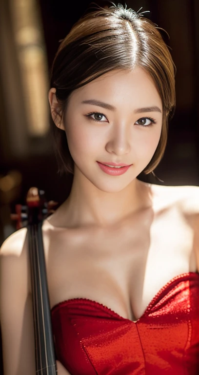 (a gorgeous korean lady, age 28, posing with the violin, wearing a red dress with timeless_elegance , in music hall. she has dimpled cheeks, kind friendly smile, cute snaggle-tooth, short_hair_ponytail, realistic symmetrical face, beautiful detailed face, beautiful detailed eyes, ample_round_bosom, photorealistic, hyper-realism, high contrast, ultra HD, realistic skin textures, top image quality, top-quality, super high resolution, fine details, very meticulously, masterpiece, head_to_knees, the_Cowboy_shot, romantic_vibes, bokeh_background, serene_ambience) #CanonInD