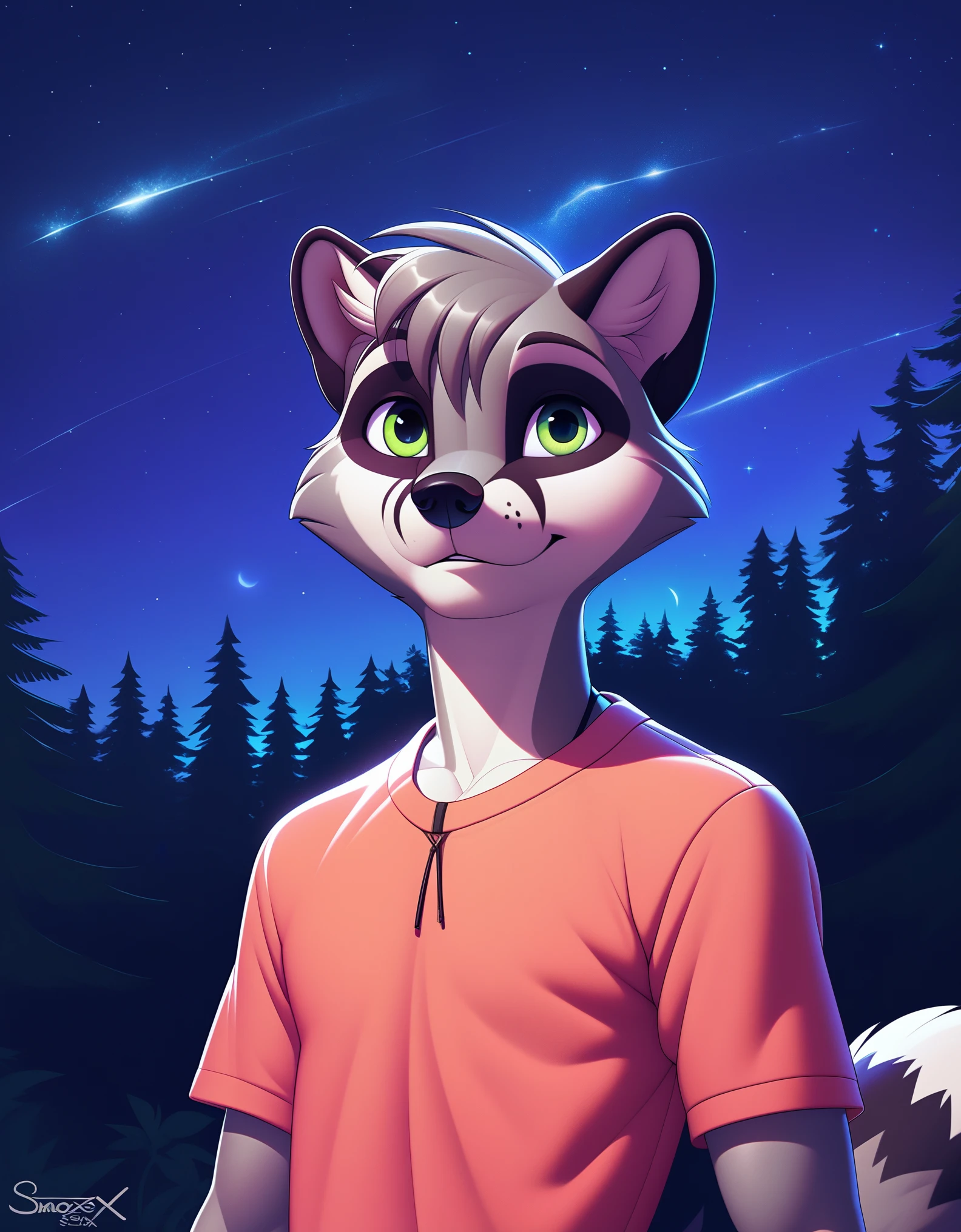 score_9, score_8_up, score_7_up, source_furry, rating_safe, by sigma_x, 
anthro, solo, male, raccoon, grey body, green eyes, fox, (pink body:1.2),
humanoid, standing, forest, camp, night, sky,