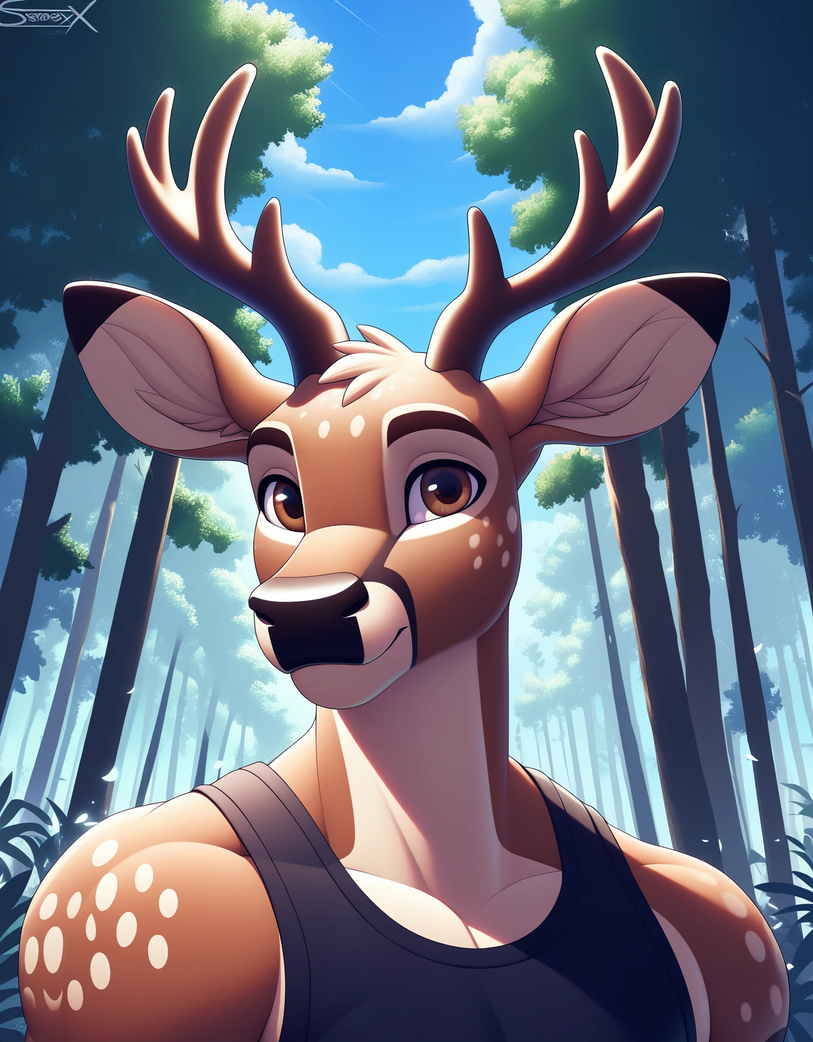 score_9, score_8_up, score_7_up, source_furry, rating_safe, by sigma_x, 
anthro, solo, male, deer, brown body, brown eyes,white body,
Humanoid, Forest, sky,