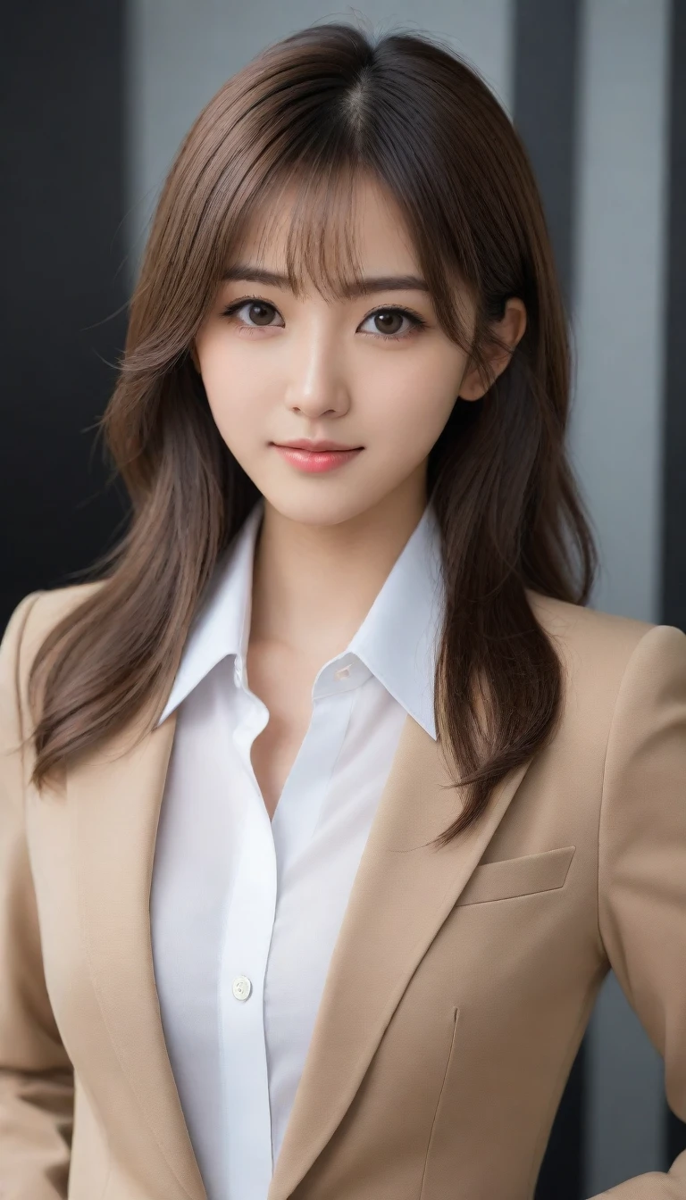 8k, Ultra-high resolution, Highest quality, masterpiece, Rule of thirds photograph,surreal, photograph, 1 Girl,ld:1.3), pretty girl, Cute face, Beautiful eyes in every detail, Detailed,masterpiece,One Girl:1.2, Japan Female Announcer,Tabletop,glaring,light brown disheveled hair,Blazer Uniform,White collared blouse,The buttons on the chest are open,Sharp focus、Perfect dynamic composition、Beautiful and detailed、Thin Hair、Detailed real skin texture、smile、Close-up portrait、Model Body Type,Looking at the audience、beauty,Long neck、(((Ideal body type))),A cup small breasts :2,、Portraiture:2、Perfect Anatomy、detailed、detailed、surreal、Light and shadow,Strong light