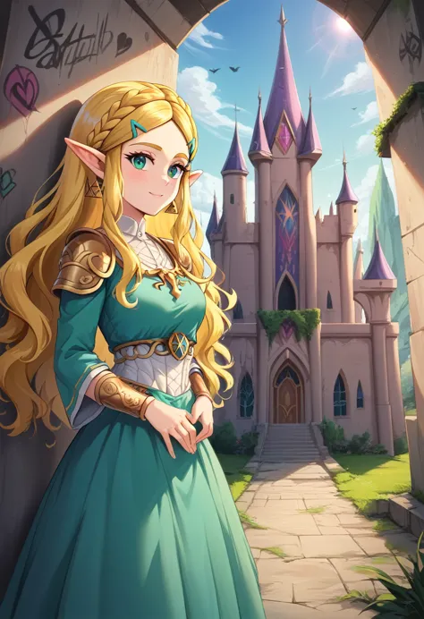 a ga graffiti painting art on the wall of the castle of Princess Zelda on the wall of a castle, ,Princess Zelda (intense details...