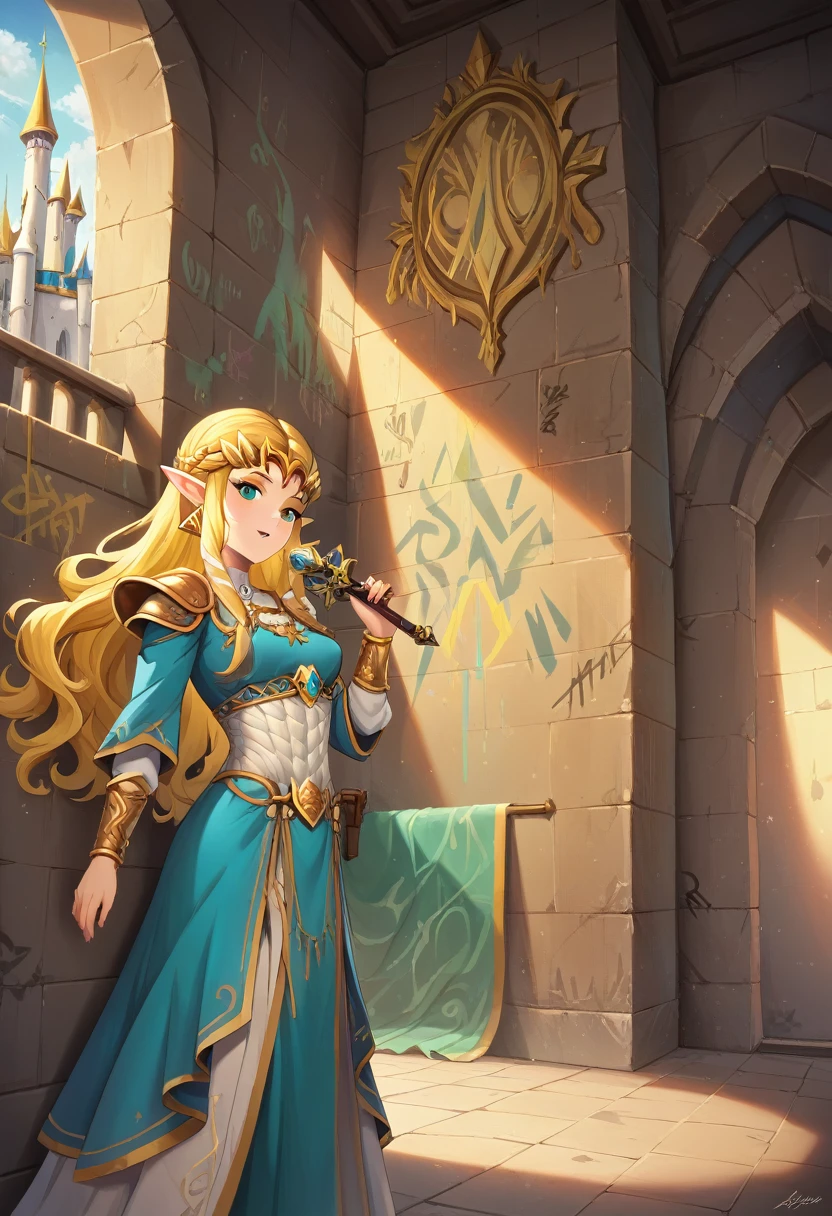 a ga graffiti painting art on the wall of the castle of Princess Zelda on the wall of a castle, ,Princess Zelda (intense details, Masterpiece, best quality: 1.5), wearing intricate green dress, delicate diamond crow, ultra detailed face, ultra feminine, fair skin, exquisite beauty, gold hair, long hair, wavy hair, small pointed ears, dynamic eyes color, wearing heavy green and white armor, shinning metal, armed with elven sword, ais-graffiti, chumbasket art style, graffiti art 