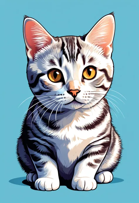 a t-shirt with graphic design art, flat illustration of a cat breed american shorthair,  cuddly, colorful tones, highly detailed...