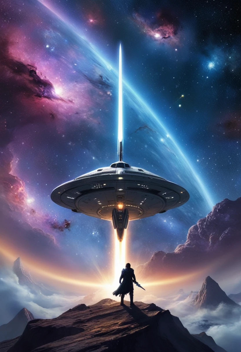 there is a man standing on a hill with a sword in his hand, spaceship in a nebula, a spaceship through the nebula, inspired by Chris Foss, space quantum death. deep space, lens flare. occult photorealism, spaceship exploding, an epic space ship scene, alien space ship flying in space, science fiction digital art, sci-fi digital art illustration