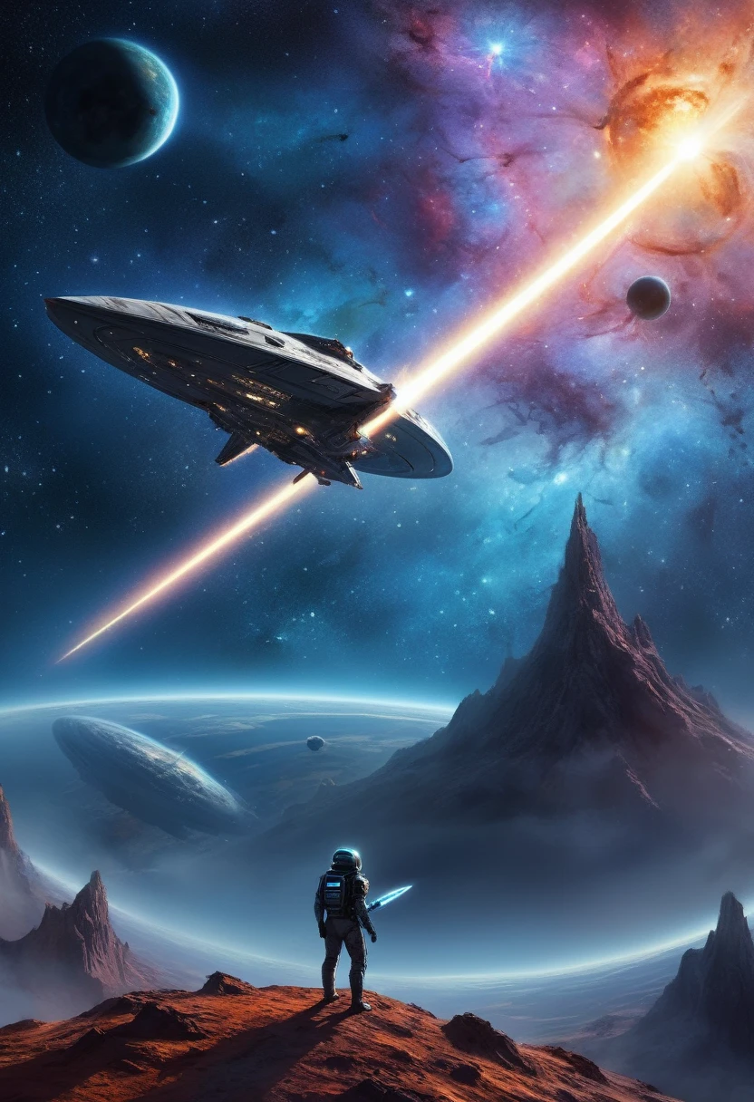 there is a man standing on a hill with a sword in his hand, spaceship in a nebula, a spaceship through the nebula, inspired by Chris Foss, space quantum death. deep space, lens flare. occult photorealism, spaceship exploding, an epic space ship scene, alien space ship flying in space, science fiction digital art, sci-fi digital art illustration