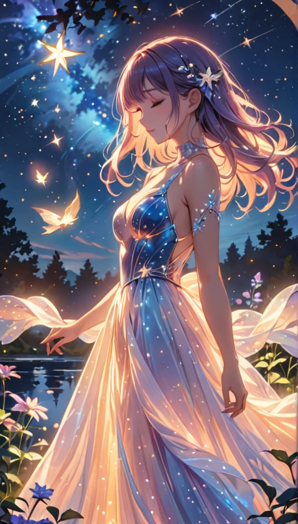 (best quality,4k,8k,highres,masterpiece:1.2),A girl standing alone under the starry night sky, with her silhouette illuminated by the soft moonlight and twinkling stars. Her face is beautifully detailed, with closed eyes, long and fluttering eyelashes, and exquisitely defined lips. She is dressed in an elegant gown, flowing and ethereal, embracing her figure gracefully as it glimmers with a subtle celestial glow. The intricate details of her dress catch the faint starlight, creating a mesmerizing sparkle. The surrounding landscape showcases a serene garden, lush with vibrant foliage and colorful flowers. The air is filled with a gentle breeze, causing the leaves to rustle and the flowers to sway delicately. The garden is bathed in a warm, dreamy color palette, with hues of deep blues, purples, and hints of silver. The atmosphere is calm and tranquil, evoking a sense of peace and serenity. The artwork is of the highest quality, meticulously created with ultra-detailed brushstrokes and precise attention to every element. The texture and depth of the painting are breathtaking, with a sense of realism and photorealism that captures the awe-inspiring beauty of the night sky. The lighting is soft and diffused, casting a gentle glow over the entire scene, enhancing the magical ambiance. The girl's presence radiates a sense of mystery and wonder, as if she holds a secret connected to the celestial beings above. The overall composition evokes a feeling of timelessness and captures the essence of a StarSign, an artwork that embodies the celestial beauty and inner strength of a girl in harmony with the stars. (ai-generated:.25),(dsmile:.25)