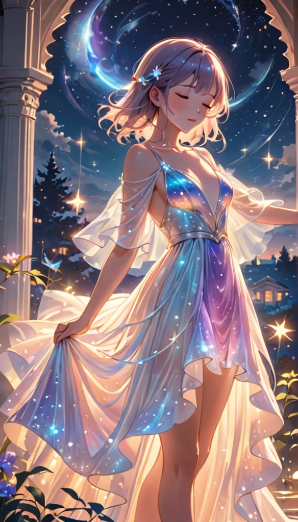 (best quality,4k,8k,highres,masterpiece:1.2),A girl standing alone under the starry night sky, with her silhouette illuminated by the soft moonlight and twinkling stars. Her face is beautifully detailed, with closed eyes, long and fluttering eyelashes, and exquisitely defined lips. She is dressed in an elegant gown, flowing and ethereal, embracing her figure gracefully as it glimmers with a subtle celestial glow. The intricate details of her dress catch the faint starlight, creating a mesmerizing sparkle. The surrounding landscape showcases a serene garden, lush with vibrant foliage and colorful flowers. The air is filled with a gentle breeze, causing the leaves to rustle and the flowers to sway delicately. The garden is bathed in a warm, dreamy color palette, with hues of deep blues, purples, and hints of silver. The atmosphere is calm and tranquil, evoking a sense of peace and serenity. The artwork is of the highest quality, meticulously created with ultra-detailed brushstrokes and precise attention to every element. The texture and depth of the painting are breathtaking, with a sense of realism and photorealism that captures the awe-inspiring beauty of the night sky. The lighting is soft and diffused, casting a gentle glow over the entire scene, enhancing the magical ambiance. The girl's presence radiates a sense of mystery and wonder, as if she holds a secret connected to the celestial beings above. The overall composition evokes a feeling of timelessness and captures the essence of a StarSign, an artwork that embodies the celestial beauty and inner strength of a girl in harmony with the stars. (ai-generated:.25),(dsmile:.25)