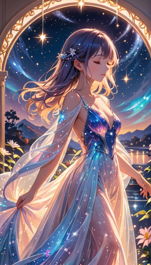 (best quality,4k,8k,highres,masterpiece:1.2),A girl standing alone under the starry night sky, with her silhouette illuminated by the soft moonlight and twinkling stars. Her face is beautifully detailed, with closed eyes, long and fluttering eyelashes, and exquisitely defined lips. She is dressed in an elegant gown, flowing and ethereal, embracing her figure gracefully as it glimmers with a subtle celestial glow. The intricate details of her dress catch the faint starlight, creating a mesmerizing sparkle. The surrounding landscape showcases a serene garden, lush with vibrant foliage and colorful flowers. The air is filled with a gentle breeze, causing the leaves to rustle and the flowers to sway delicately. The garden is bathed in a warm, dreamy color palette, with hues of deep blues, purples, and hints of silver. The atmosphere is calm and tranquil, evoking a sense of peace and serenity. The artwork is of the highest quality, meticulously created with ultra-detailed brushstrokes and precise attention to every element. The texture and depth of the painting are breathtaking, with a sense of realism and photorealism that captures the awe-inspiring beauty of the night sky. The lighting is soft and diffused, casting a gentle glow over the entire scene, enhancing the magical ambiance. The girl's presence radiates a sense of mystery and wonder, as if she holds a secret connected to the celestial beings above. The overall composition evokes a feeling of timelessness and captures the essence of a StarSign, an artwork that embodies the celestial beauty and inner strength of a girl in harmony with the stars. (ai-generated:.25),(dsmile:.25)