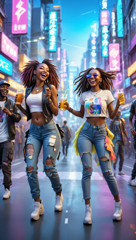 adult black people dressed in urban clothes, in an urban landscape and holographic signs、happy dancing on the road. are drinking...