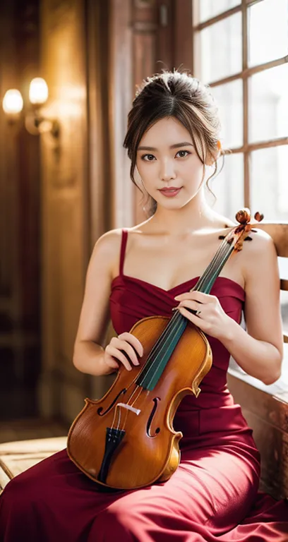 (a gorgeous korean lady, age 28, posing with the violin, wearing a red dress with timeless_elegance , in music hall. she has dim...