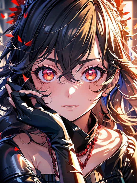 Anime, Girl, (((1girl))), (((Waifu, Raven Branwen, Raven Branwen Waifu))), (((Black Hair, Messy Hair))), ((Crimson Red Eyes eyes: 1.3, Upturned Eyes: 1, Perfect Eyes, Beautiful Detailed Eyes, Gradient eyes: 1, Finely Detailed Beautiful Eyes: 1, Symmetrical Eyes: 1, Big Highlight On Eyes: 1.2)), (((Lustrous Skin: 1.5, Bright Skin: 1.5, Skin Fair, Shiny Skin, Very Shiny Skin, Shiny Body, Plastic Glitter Skin, Exaggerated Shiny Skin, Illuminated Skin))), (Detailed Body, (Detailed Face)), Young, Lolita, (Best Quality), (((Bicep-high Gauntlets, Armored Boots, Thigh-high Heeled Boots, Armored Gauntlets))), (((Battle Kimono))), (((Skirt))), High Resolution, Sharp Focus, Ultra Detailed, Extremely Detailed, Extremely High Quality Artwork, (Realistic, Photorealistic: 1.37), 8k_Wallpaper, (Extremely Detailed CG 8k), (Very Fine 8K CG), ((Hyper Super Ultra Detailed Perfect Piece)), (((Flawless masterpiece))), Illustration, Vibrant Colors, (Intricate), High Contrast, Selective Lighting, Double Exposure, HDR (High Dynamic Range), Post-processing, Background Blur