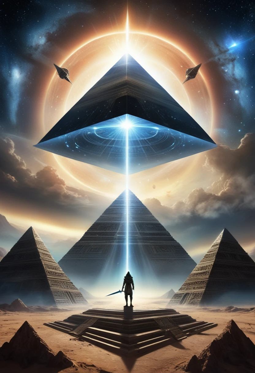 there is a man standing in front of a upside-down pyramid with a sword, ancient megastructure pyramid, pyramid portal, pyramid background, ancient alien portal, portal to outer space, alien space ship flying in space, lens flare. occult photorealism, otherworldly visuals, space quantum death. deep space, star - gate of futurisma, spaceship in a nebula