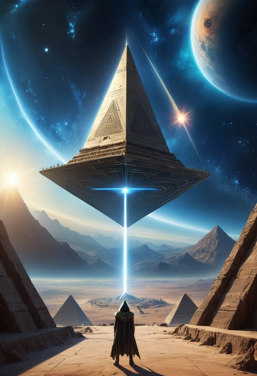 there is a man standing in front of a upside-down pyramid with a sword, ancient megastructure pyramid, pyramid portal, pyramid background, ancient alien portal, portal to outer space, alien space ship flying in space, lens flare. occult photorealism, otherworldly visuals, space quantum death. deep space, star - gate of futurisma, spaceship in a nebula