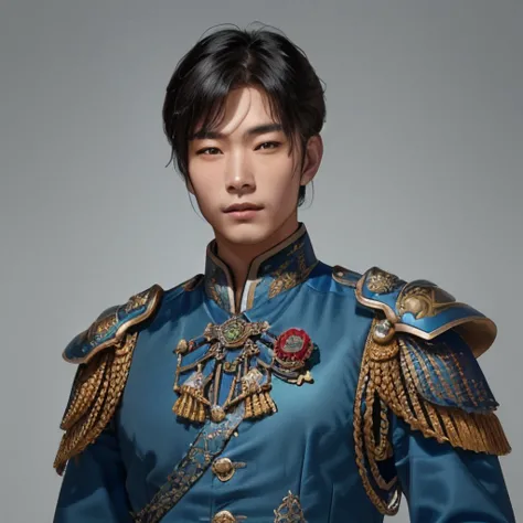 A close up of a handsome Asian man in blue steampunk armor as an Imperial Guard, artificer infusions, standing in front of a Vic...