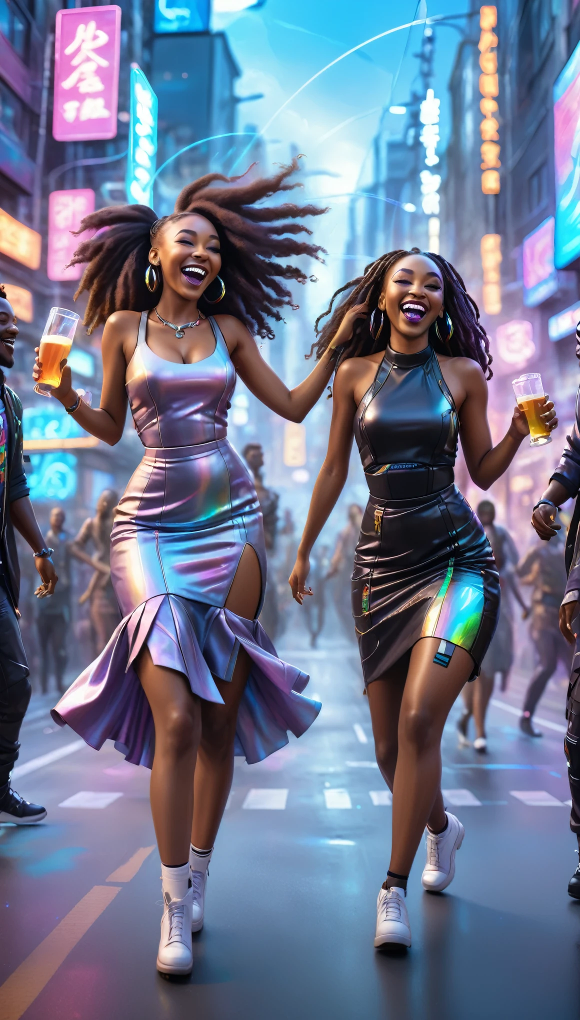 adult BLACK people dressed in urban clothes, plain dresses, In an urban landscape and holographic signs、HAPPY DANCING on the road. are drinking and laughing, The background is modern and cyberpunk, high tech vibe. Lovely Digital Painting, 3D rendering, Bright lighting, swirly vibrant colors. adult people, BEAUTIFUL black people, long  hair