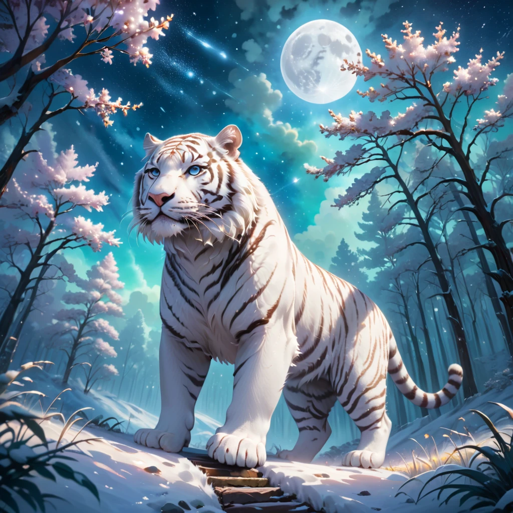 photographie de paysage approfondie (une vue d&#39;en bas montrant le ciel au-dessus et une forêt ouverte en dessous), un tigre blanc sur un chemin regardant le paysage, tigre blanc de Sibérie, pleine fourrure, fourrure blanche (particule de lumière autour du tigre), fourrure de tofu, paysage de nuit, (pleine lune: 1.2), (étoiles filantes: 0.9), (nébuleuse: 1.3), (Source de lumière chaude: 1.2), (luciole: 1.2), ( flocon de neige: 1.0), (neige sur l&#39;arbre) (chef-d&#39;œuvre: 1.2), (Meilleure qualité), 4k, ultra détaillé, (composition dynamique: 1.4), détails très détaillés et colorés, (couleurs irisées: 1 ,2), (éclairage lumineux, éclairage ambiant), rêveur, magique, (seul: 1,2)