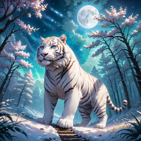extensive landscape photography (a view from below showing the sky above and an open forest below), a white tiger on a path look...