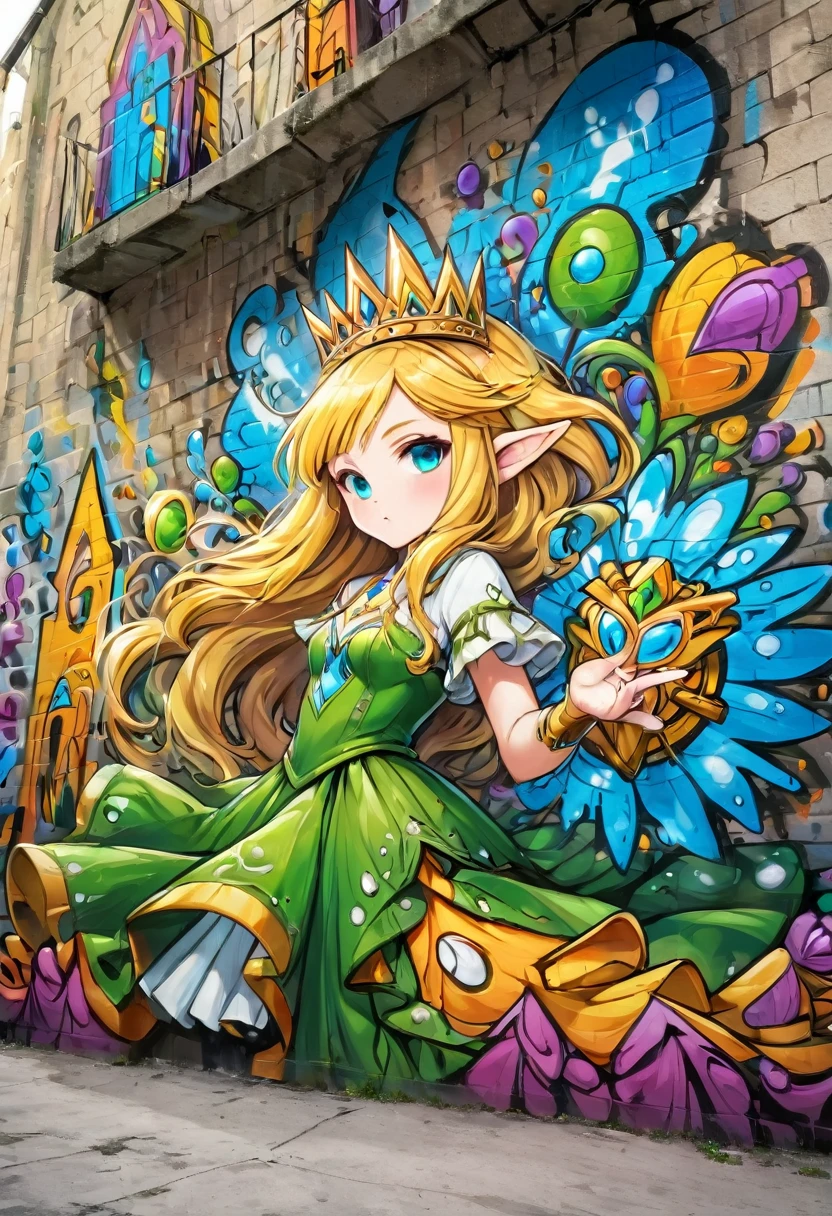 aa graffiti painting art on the wall of the castle of Princess Zelda on the wall of a castle, ,Princess Zelda (intense details, Masterpiece, best quality: 1.5), wearing intricate green dress, delicate diamond crown, ultra detailed face, ultra feminine, fair skin, exquisite beauty, gold hair, long hair, wavy hair, small pointed ears, dynamic eyes color, wearing heavy green and white armor, shinning metal, armed with elven sword, ais-graffiti, chumbasket art style, graffiti art
