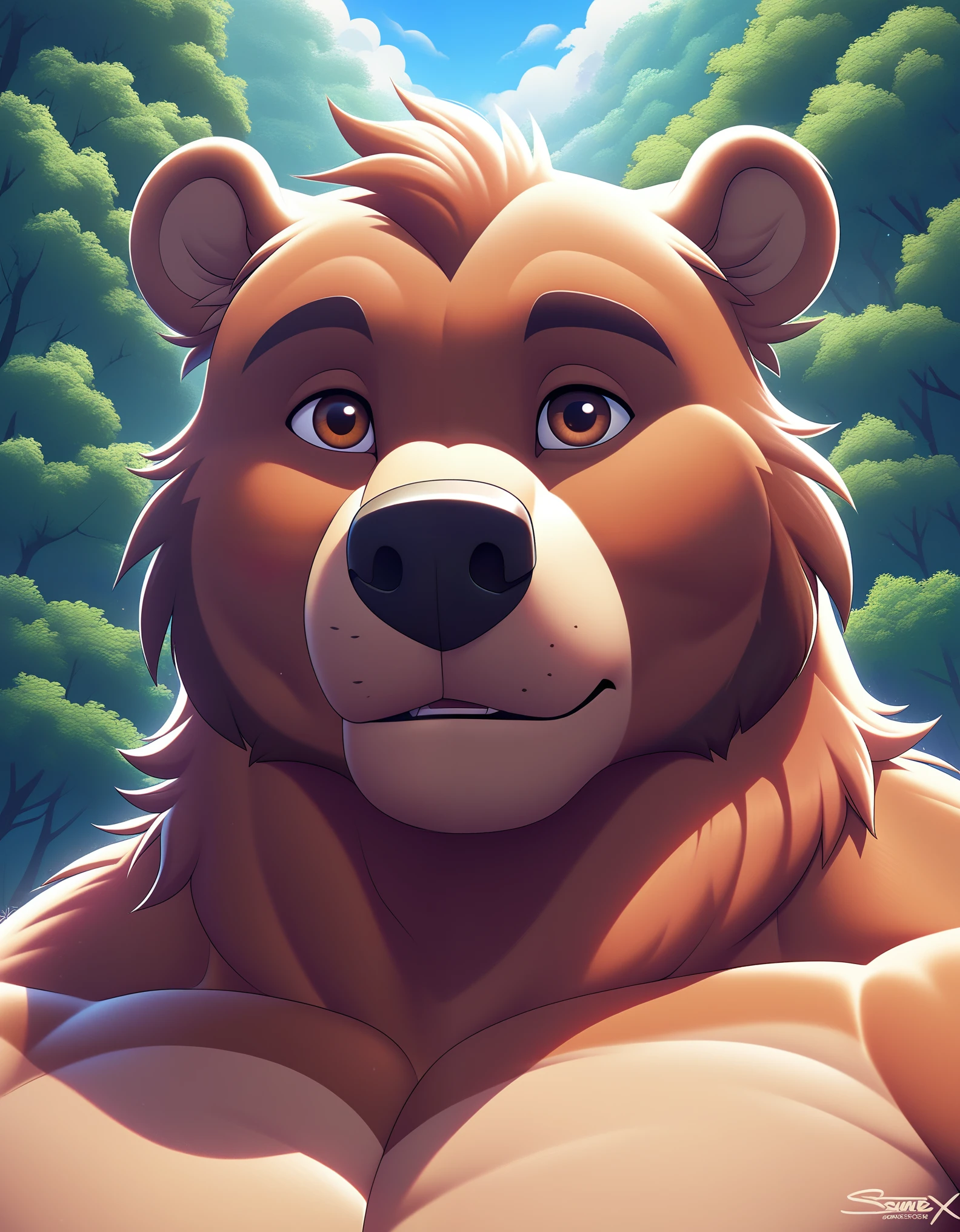 score_9, score_8_up, score_7_up, source_furry, rating_safe, by sigma_x, 
anthro, solo, male, brown body, brown eyes, bear, white body,
Humanoid, Forest, sky,