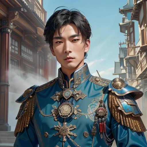 特写镜头：一位英俊的亚洲男子身穿蓝色蒸汽朋克盔甲，扮演皇家卫兵, 技工注入, 站在维多利亚式豪宅前