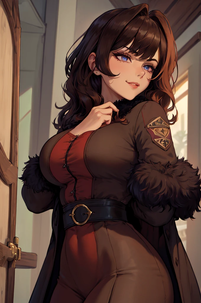 ((Masterpiece)), ((Best Quality)), 1 girl, adult, wide, Big bust, ((Brown hair)), ((intimidating look)), ((close up)), profile picture, black and red clothes, sexy, dark colors, ((coat with fur)), ((wavy fur)), exposed skin, ((pose sexy)), good anatomy, ((dark sage clothing)), ((straight cut bangs)), emotionless, intimidating, ((pretty eyes)), dark background, close up, ((detailed eyes)), ((detailed face)), hair explosion, front look, relaxed, smile, Queen, violet eyes