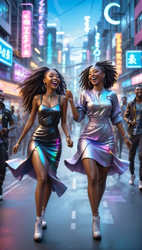 adult black people dressed in urban clothes, plain dresses, in an urban landscape and holographic signs、happy dancing on the roa...