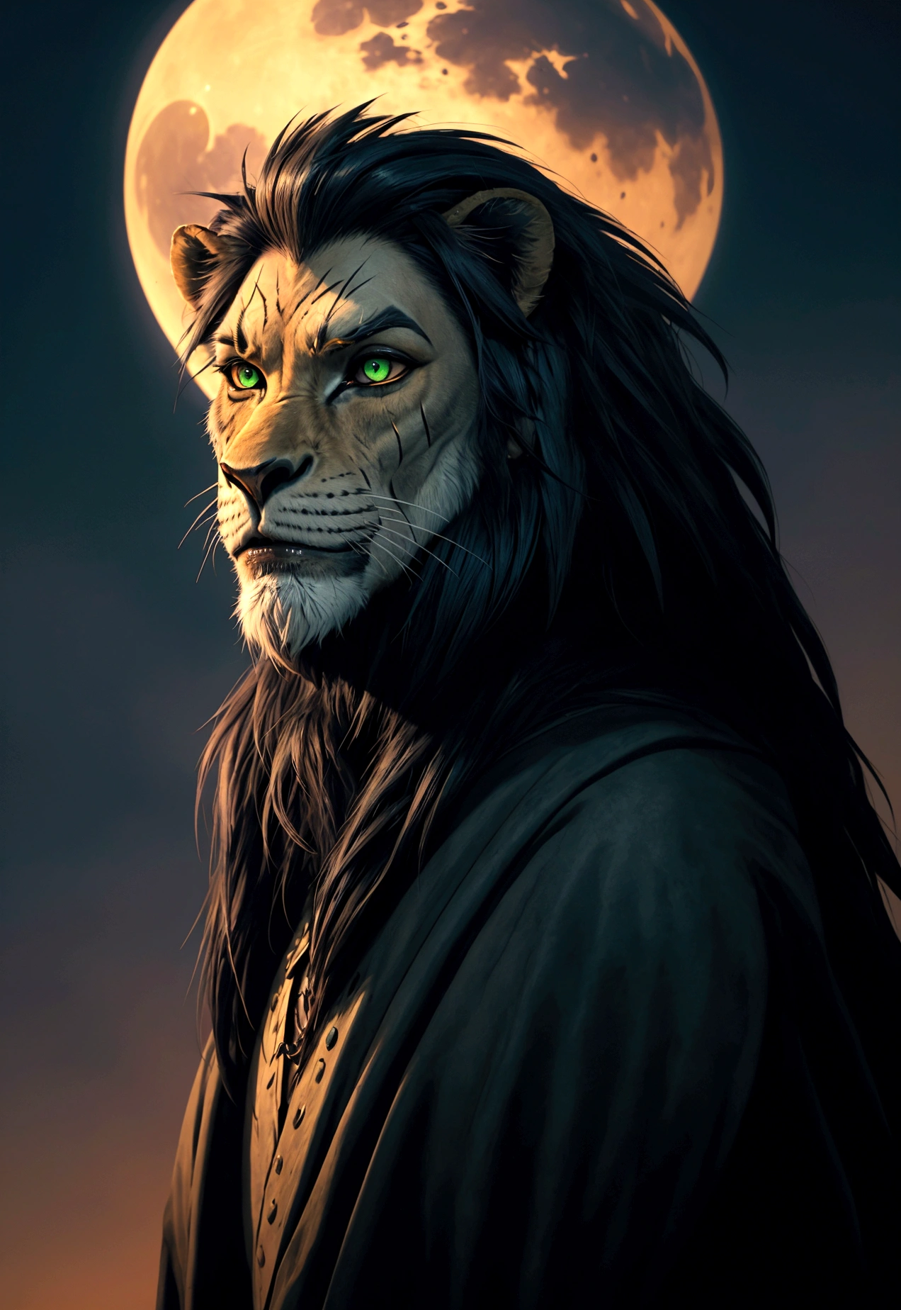 A close-up, stylized animated illustration focusing intently on the prominent, thick, jagged line running vertically across the left eye of the character Scar from the 1994 Disney film "The Lion King". This defining scar is the dominant and most striking feature, a bold, dramatic line cutting across Scar's piercing green eye. Details of his dark mane and slightly menacing expression with bared teeth are present, but the scar itself is the central focus, commanding the viewer's full attention. The atmospheric night landscape with a crescent moon in the background provides a moody, mysterious setting that heightens the intensity and significance of this iconic facial feature. The illustration style is reminiscent of the work of artist Chris Sanders, offering a unique and captivating interpretation that powerfully emphasizes this defining characteristic of the classic Disney villain.