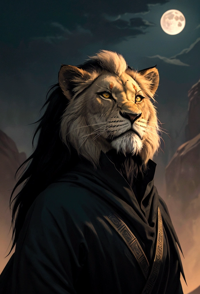 A close-up, stylized animated illustration focusing intently on the prominent, thick, jagged line running vertically across the left eye of the character Scar from the 1994 Disney film "The Lion King". This defining scar is the dominant and most striking feature, a bold, dramatic line cutting across Scar's piercing green eye. Details of his dark mane and slightly menacing expression with bared teeth are present, but the scar itself is the central focus, commanding the viewer's full attention. The atmospheric night landscape with a crescent moon in the background provides a moody, mysterious setting that heightens the intensity and significance of this iconic facial feature. The illustration style is reminiscent of the work of artist Chris Sanders, offering a unique and captivating interpretation that powerfully emphasizes this defining characteristic of the classic Disney villain.