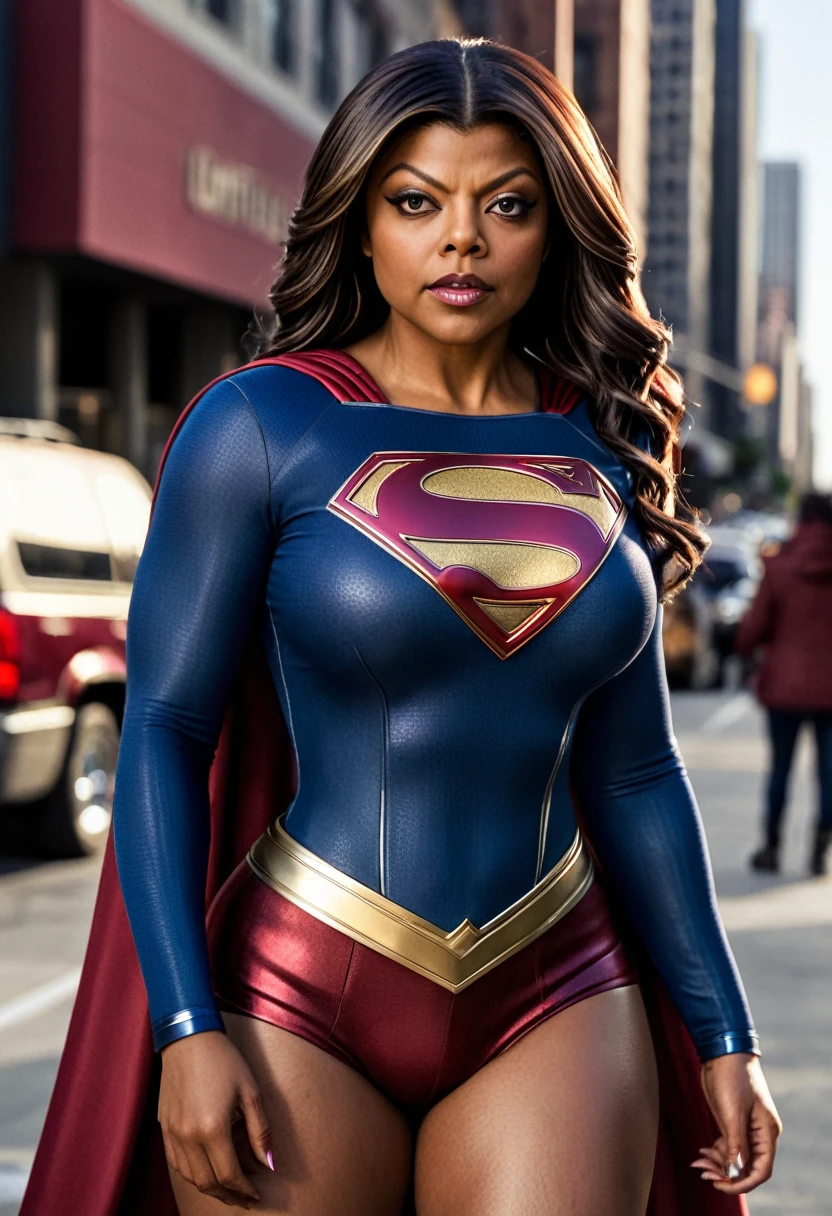 Taraji P. Henson Supergirl; HD. Photograph, ((realism)), extremely high quality RAW photograph, ultra detailed photograph, sharp focus, high resolution, (detailed skin:1,3),high quality, film grain, Fujifilm XT3,Highly Detailed, movie, (Cinematic Photo:1.3) of (Realistic:1.3); 2000s movies