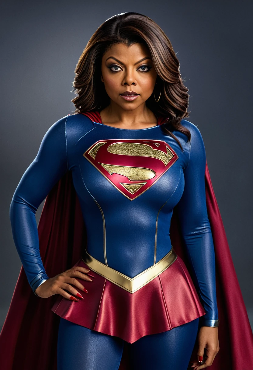 Taraji P. Henson Supergirl; HD. Photograph, ((realism)), extremely high quality RAW photograph, ultra detailed photograph, sharp focus, high resolution, (detailed skin:1,3),high quality, film grain, Fujifilm XT3,Highly Detailed, movie, (Cinematic Photo:1.3) of (Realistic:1.3); 2000s movies