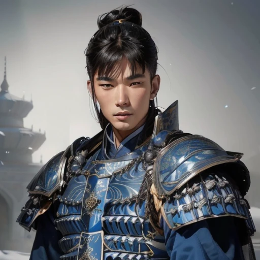 特写镜头：身穿蓝色盔甲的英俊亚洲男子，扮演皇家卫兵