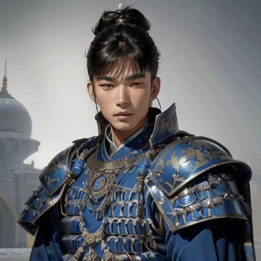 一位身穿藍色盔甲的英俊亞洲男子作為帝國衛隊的特寫