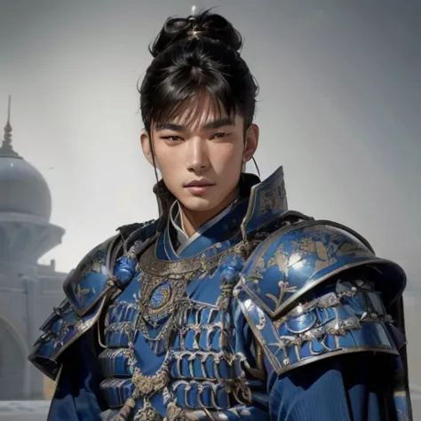 A close up of a handsome Asian man in blue armor as an Imperial Guard