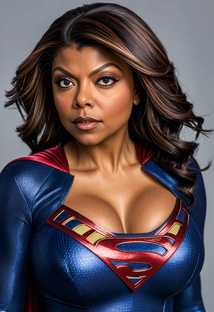 Taraji P. Henson Supergirl; HD. Photograph, ((realism)), extremely high quality RAW photograph, ultra detailed photograph, sharp focus, high resolution, (detailed skin:1,3),high quality, film grain, Fujifilm XT3,Highly Detailed, movie, (Cinematic Photo:1.3) of (Realistic:1.3); 2000s movies